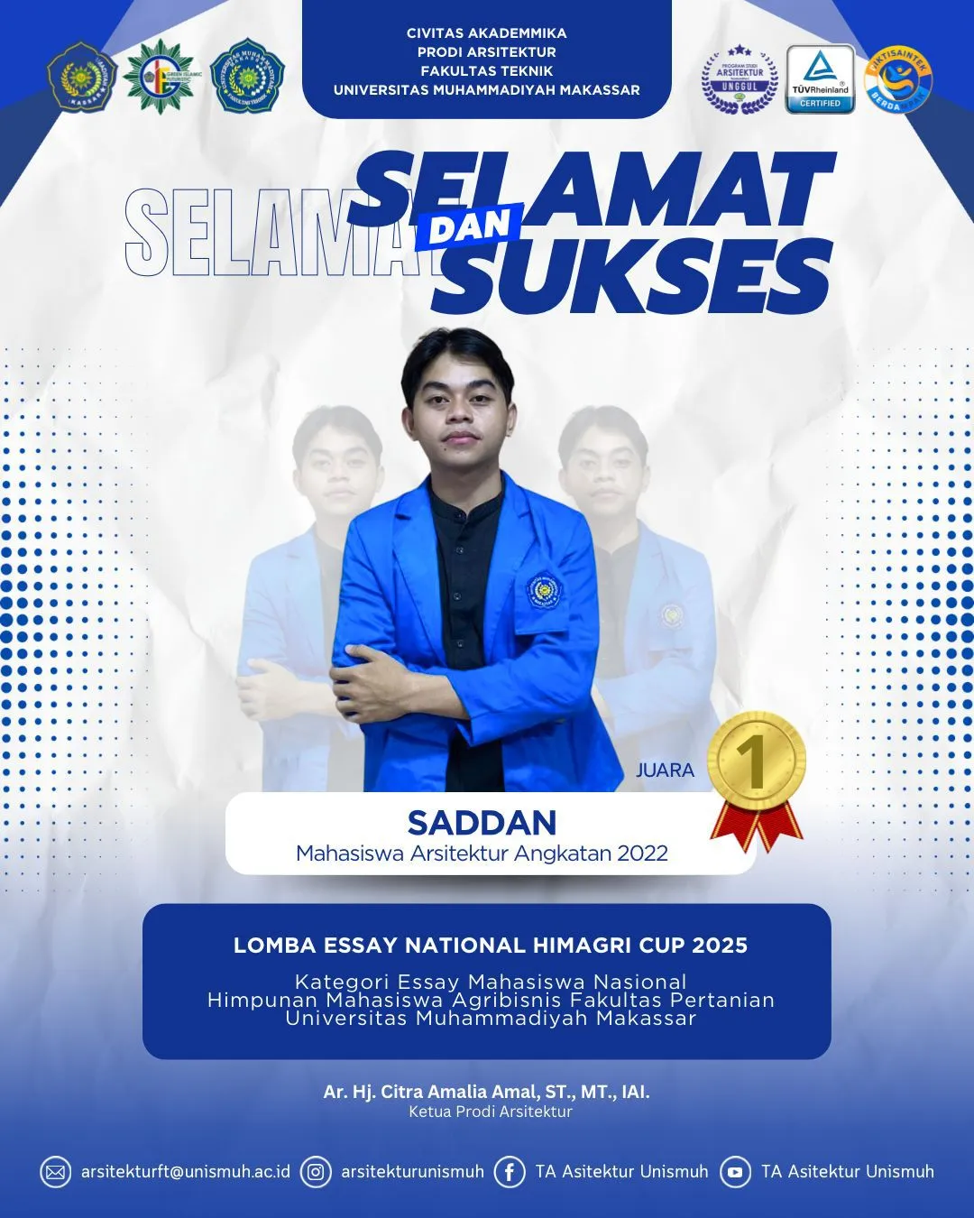 Mengukir Prestasi Lewat Karya Tulis: Mahasiswa Arsitektur Unismuh Makassar Juara Essay Nasional HIMAGRI Cup 2025